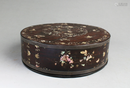 Antique Hardwood Round Box with Mother-of Pearl Inlay