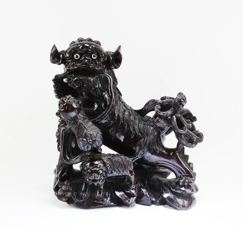 Chinese Carved Hardwood Foo Dog Display