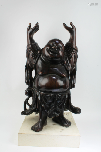 Antique Carved Hardwood Happy Buddha Statue