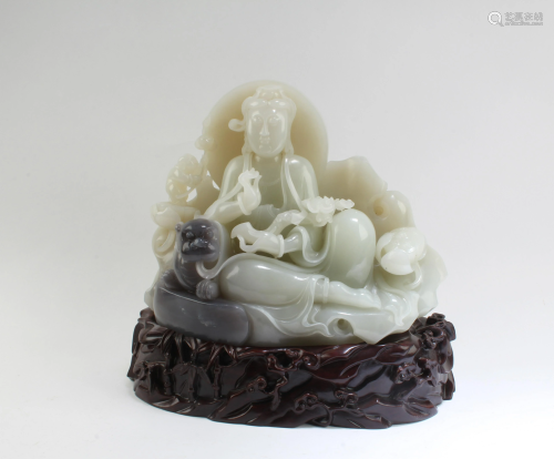 Chinese Carved Nephrite Jade Guanyin Figurine, GIA