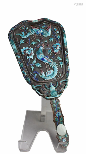 An Enamel Hand-held Mirror with A Carved Hetian Jade