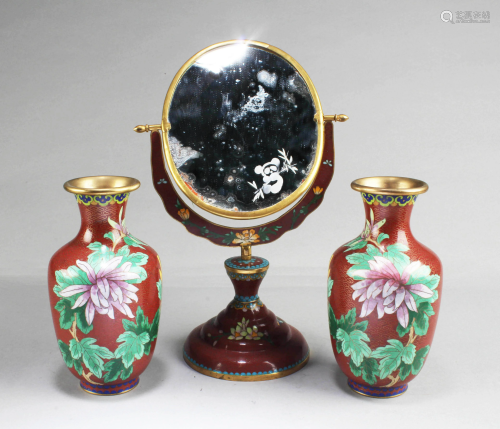 A Pair of Chinese Cloisonne Vase and One Cloisonne