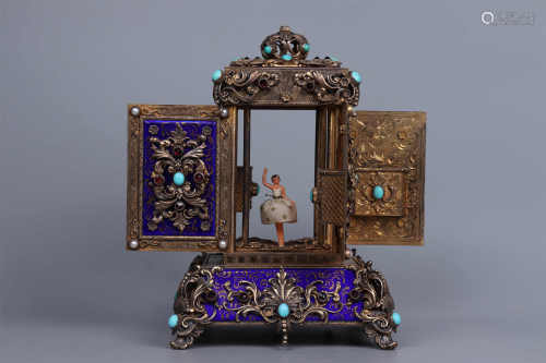 Silver Flame Enamel Music Box Inlaid with Gems