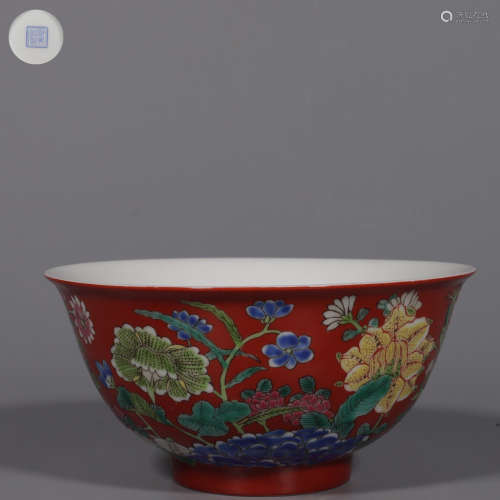 Coral Red Glazed Bowl with Floral Pattern