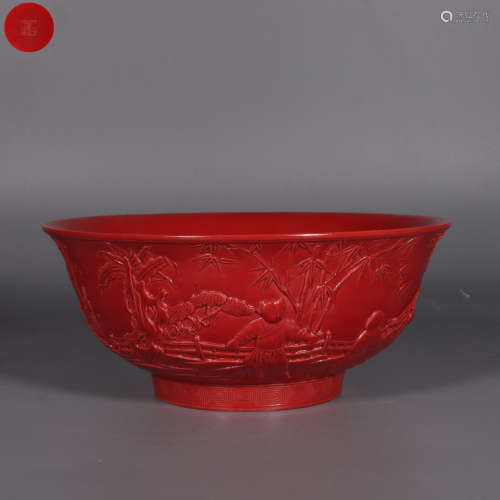 Red Glazed Bowl Carved with Story Pattern