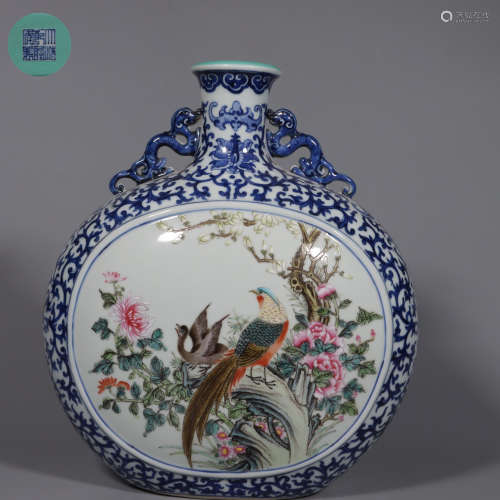 Blue-and-White Famille Rose Vase with Flowers and Birds Patt...