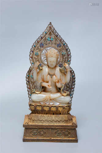 Copper-gold Avalokitesvara  Statue Inlay Jade