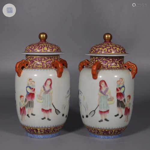 A Pair of Famille Rose Cover Box with Figures and Stories