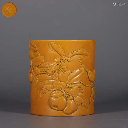 Yellow Glaze Pen Holder with High Relief Flower Pattern