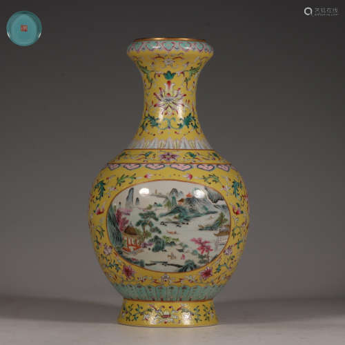 Yellow Vase with Lotus and Landscape  Patterns