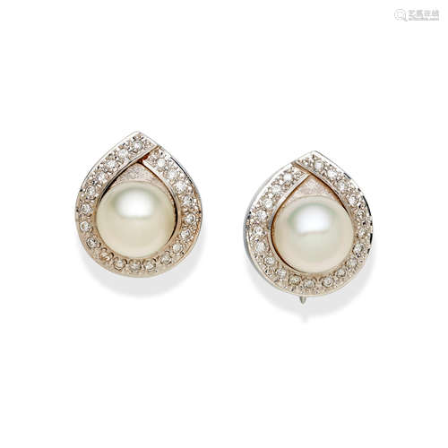 A PAIR OF CULTURED PEARL AND DIAMOND EARRINGS