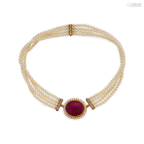 A CULTURED PEARL, DIAMOND AND RUBY NECKLACE, RETAILED BY DAV...