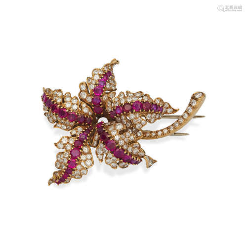 A RUBY AND DIAMOND FLORAL BROOCH