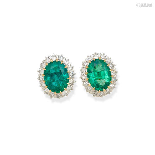 A PAIR OF EMERALD AND DIAMOND EARRINGS
