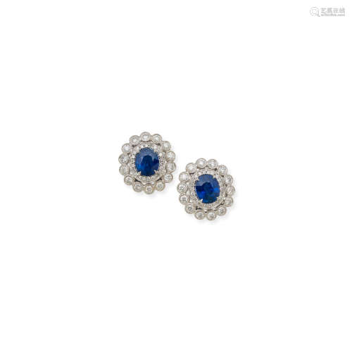 A PAIR OF SAPPHIRE AND DIAMOND CLUSTER EARRINGS