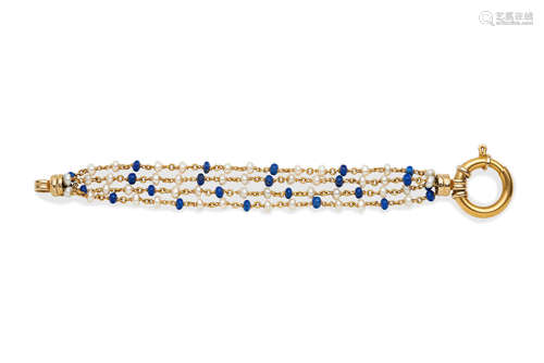 A LAPIS LAZULI, PEARL AND GOLD BRACELET