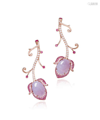 天然紫罗兰蛋面配钻石及粉色蓝宝石花形耳环