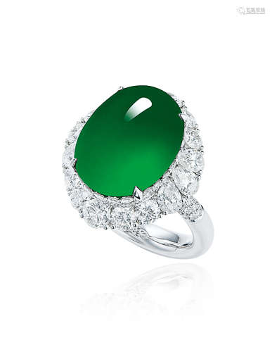 天然满绿翡翠蛋面配钻石戒指