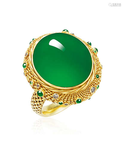 卢葵设计 天然满绿翡翠蛋面配钻石及翡翠戒指