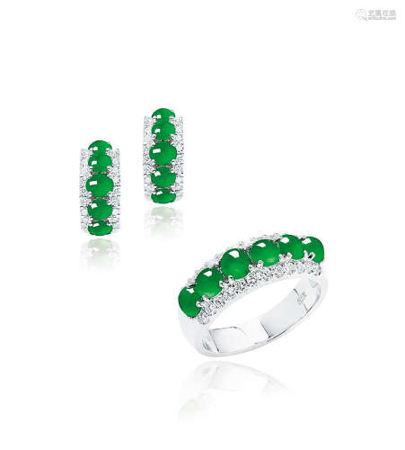天然满绿翡翠蛋面配钻石耳环及戒指套装