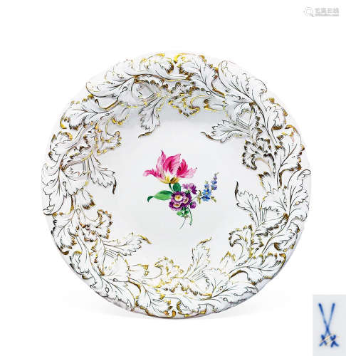 约1890年 德国 梅森MEISSEN 立体描金手绘花卉装饰盘