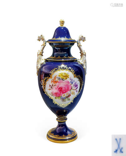 约1890年 德国 梅森MEISSEN 钴蓝描金花卉带盖大花瓶