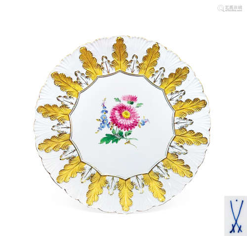 -- 约1924-1934年 德国 梅森MEISSEN 重鎏金手绘花卉装饰盘