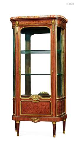 约19世纪 法国 精美铜鎏金桃花芯木彩色细木工拼花镶嵌珍宝柜
