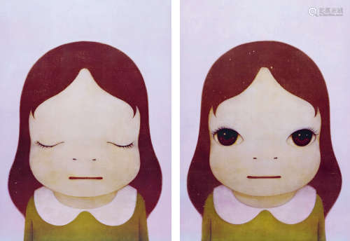 奈良美智 2008年作 宇宙女孩·睁眼·闭眼 （一组二件） 材质：石板版画