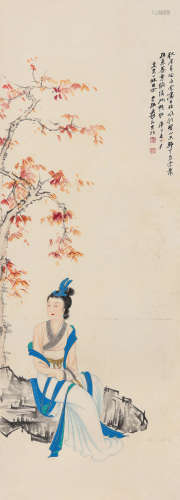 张大千（1899～1983） 1960年作 秋艳仕女图 立轴 设色纸本