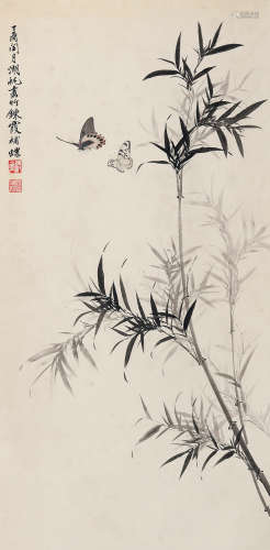 吴湖帆（1894～1968）周炼霞（1908～2000） 1957年作 竹蝶图 立轴 设色...