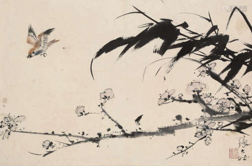 张大壮（1903～1980） 梅竹雀鸟 立轴 设色纸本