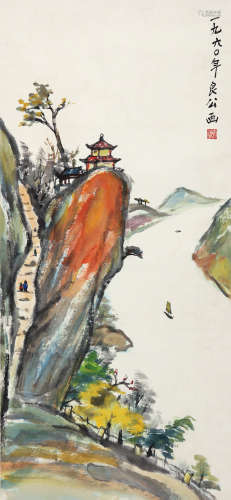 关良（1900～1986） 1960年作 临江登阁图 立轴 设色纸本