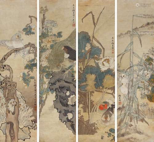 任薰（1835～1893） 四季花鸟图（四条屏） 镜心 设色纸本