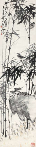 王震（1867～1938） 1929年作 翠鸟鸣竹 立轴 设色纸本