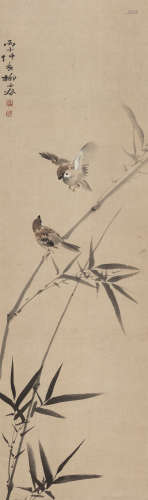 柳子谷（1901～1986） 1936年作 竹上双禽 立轴 设色纸本