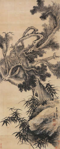 王铎（1592～1652） 1639年作 松竹石图 立轴 水墨纸本