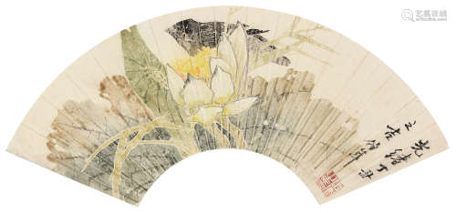 任伯年（1840～1895） 1877年作 荷立翠鸟 扇面 设色纸本