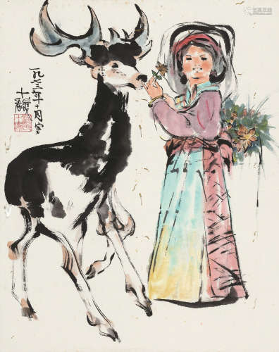 程十发（1921～2007） 1973年作 少女与鹿 立轴 设色纸本
