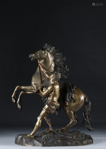 Cheval de Marly Group in gilded bronze signed Coustou