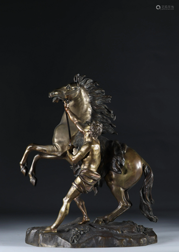 Cheval de Marly Group in gilded bronze signed Coustou