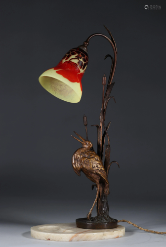 Bronze heron lamp in the reeds bobeche French glass