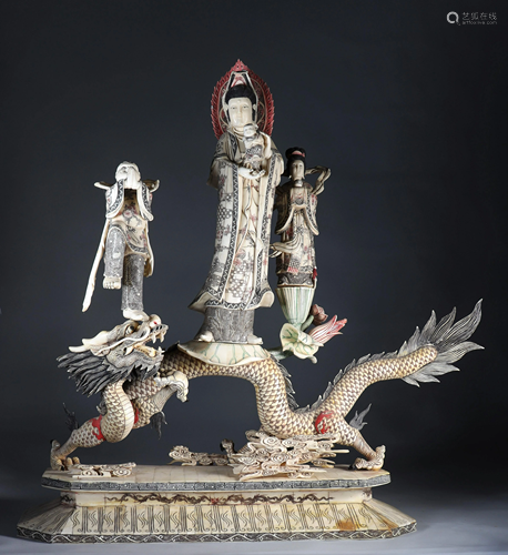 Imposing Chinese sculpture of a dragon and Buddhas