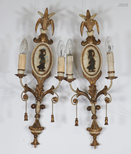 Pair of wall lights with polychrome wood medallions