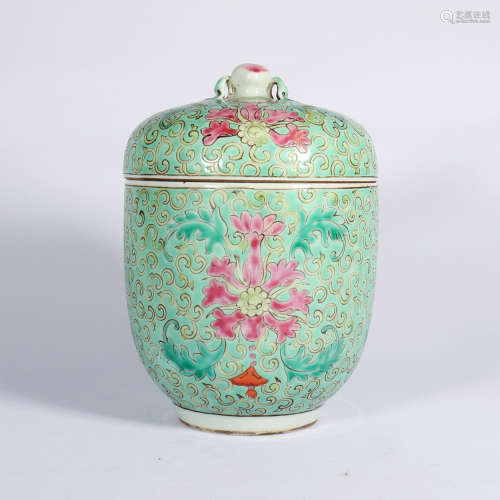 清 松石绿地花卉纹盖罐