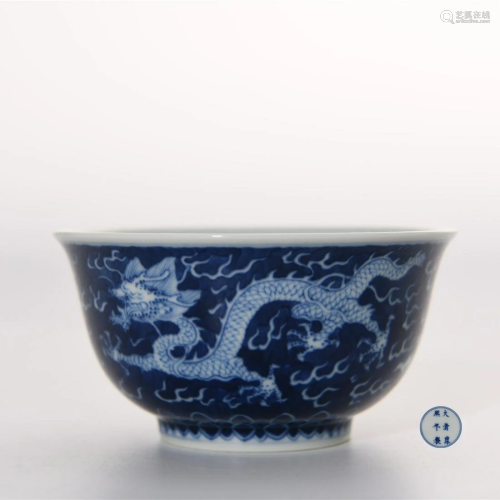 Blue and White Dragon Bowl Kangxi Mark