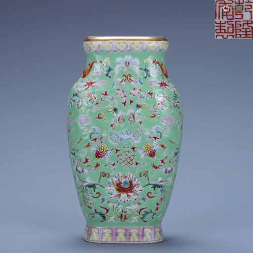 Famille Rose Green-ground Lotus Vase Qianlong