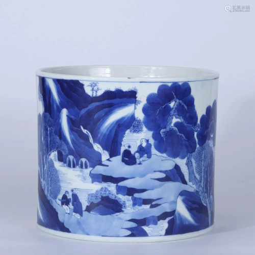 Blue and White Landscape and Figure Brushpot,Qing