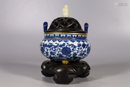 Blue and White Lotus Scrolls Tripod Censer