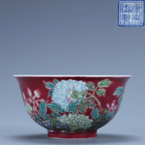 Famille Rose Red-ground Flower Bowl Kangxi Style,Qing